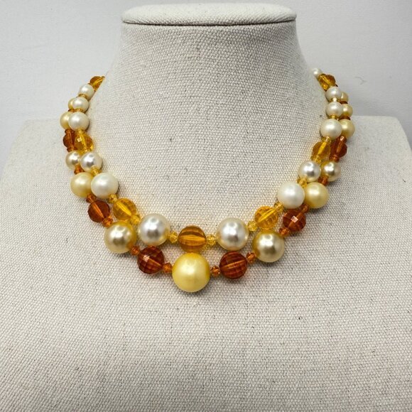 Vintage Beaded‎ Choker Necklace Imitation Pearls Orange Faceted Mid-Century - Picture 1 of 6
